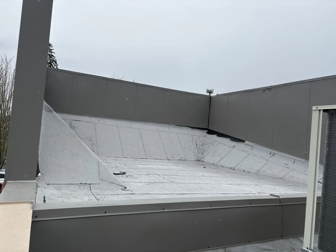 Flat commercial roof with gray waterproofing material under overcast sky.